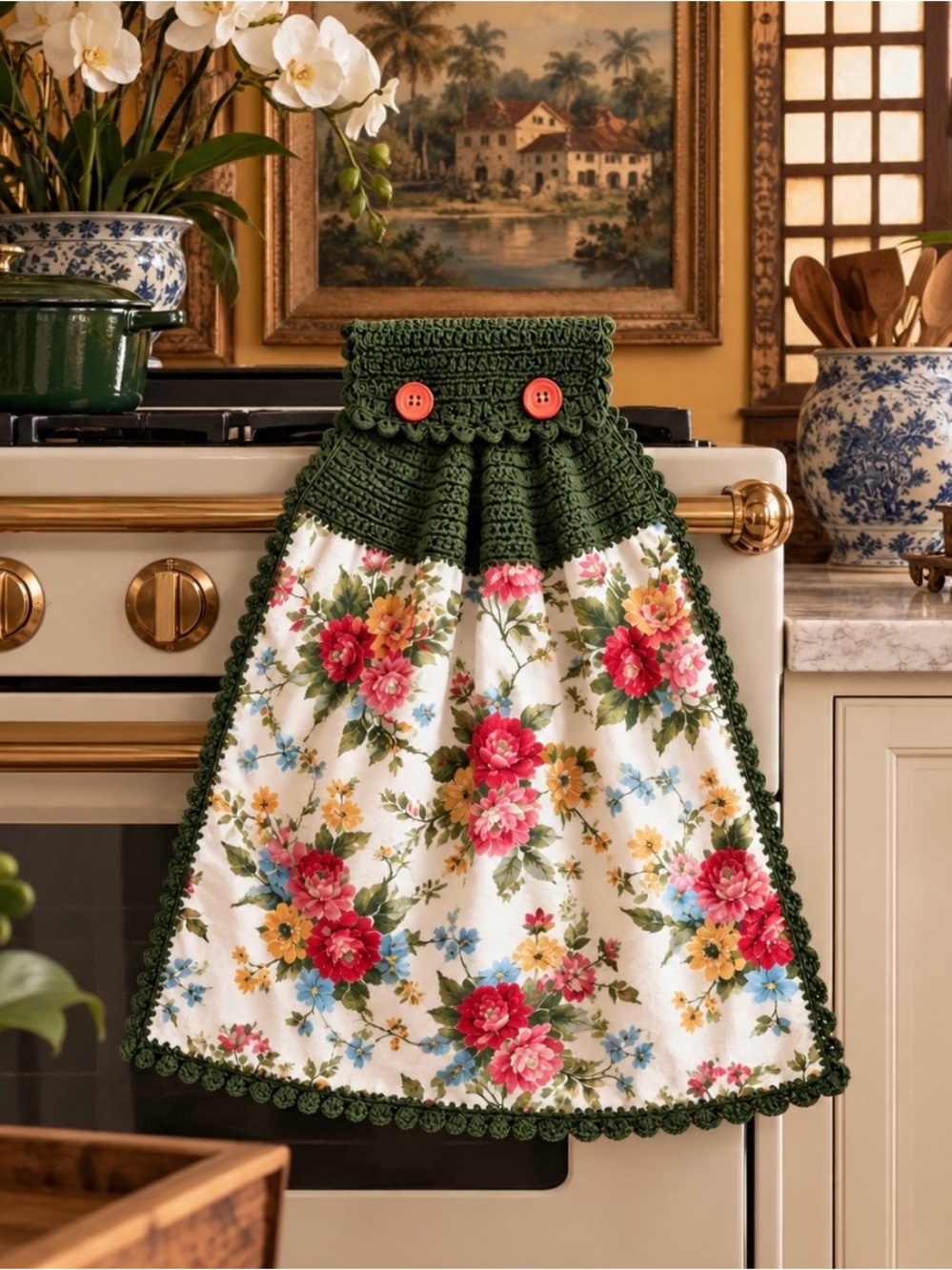 Pioneer Woman Floral Crochet Hanging Kitchen Towel Moss Green Handmade